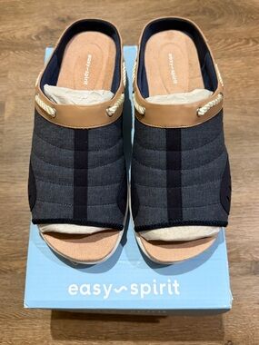 Easy Spirit Terra Open Toe Slip-On Mules with Rope Trim - WIDE WIDTH